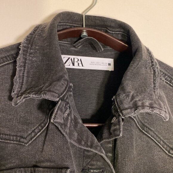 Zara Trucker Denim Jean Jacket Women's Large Distressed Black Gray Stretch - Picture 3 of 9